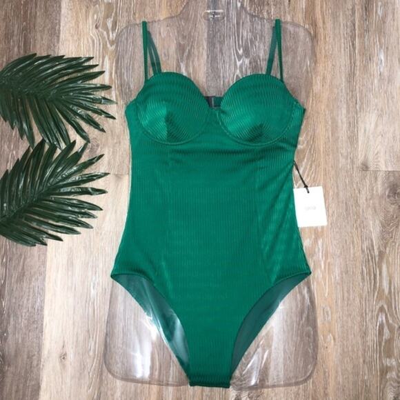 Onia Belle Rainforest Green Metallic Zig Zag One Piece Swim Suit Size Large NWT - Picture 2 of 9
